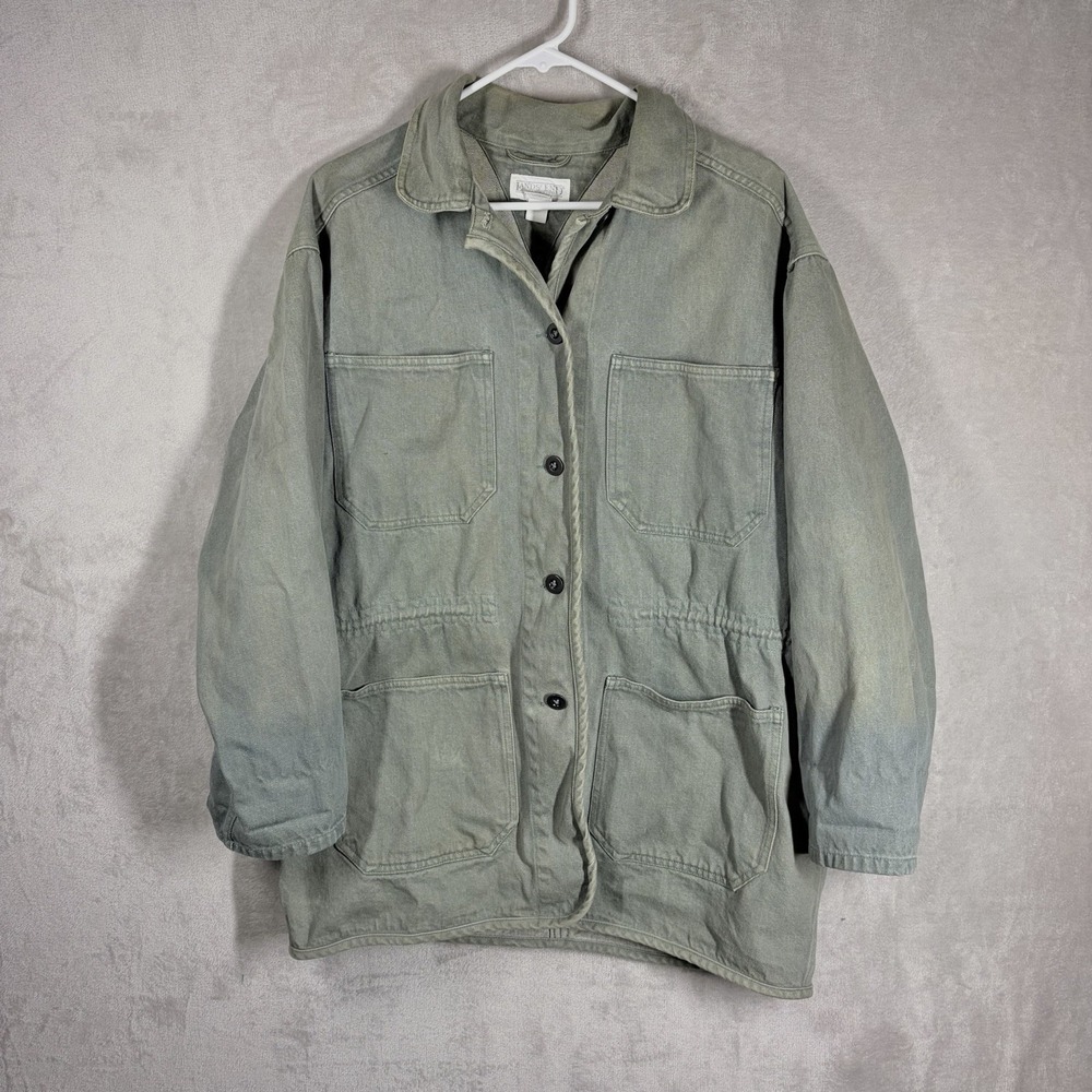 Vintage 90s Lands' End Chore Coat Women's 10/12 Sage Green Denim Faded Well Worn